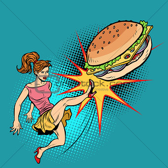 Woman kicks Burger, fastfood and healthy food
