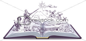 Don Quixote open book vector cartoon illustration
