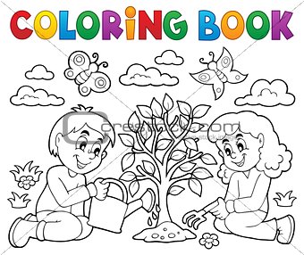 Coloring book kids planting tree
