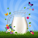 Jug With Milk And Grass And Flowers