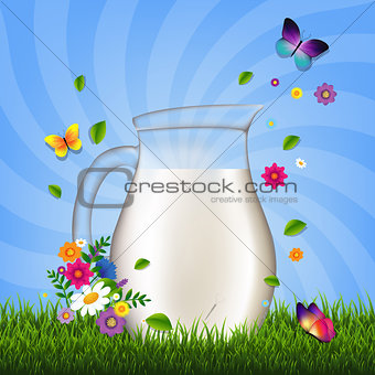 Jug With Milk And Grass And Flowers