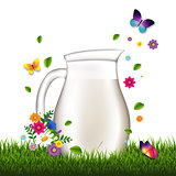 Jug With Milk And Grass And Flowers White Background
