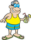 Cartoon Man Wearing a Swimsuit and Holding a Drink