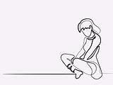 Continuous line drawing. Sitting sad girl