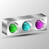 Metallic 3d rectangle in perspective with multi colored spheres inside.