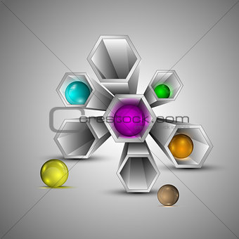 Metal 3d hexagons with multi colored spheres inside