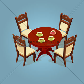 Set of the isometric cartoon table and four chairs.
