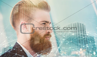 Businessman looks far for the future. Concept of innovation and startup. double exposure