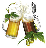 Two mugs with dark, light beer and hops