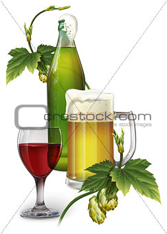 Beer mug, bottle, hops and a glass of wine