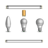 Set of different LED and fluorescent light bulbs in 3D, vector illustration.