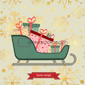 luxury seamless pattern with gold snowflakes and Santa sleigh with piles of presents. Vector illustration