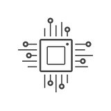 Microchip line icon. CPU, Central processing unit, computer processor, chip symbol in circle. Simple round icon isolated on black background. Creative modern vector logo