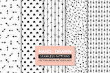 Collection of vector seamless patterns of arrows. Hand drawn cute backgrounds
