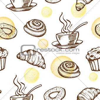 Pattern with coffee cup and croissant 