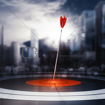 Arrow hit the center of target with modern skyscraper background. Business target achievement concept. 3D Rendering