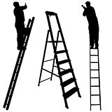 Silhouette worker climbing the ladder on white background