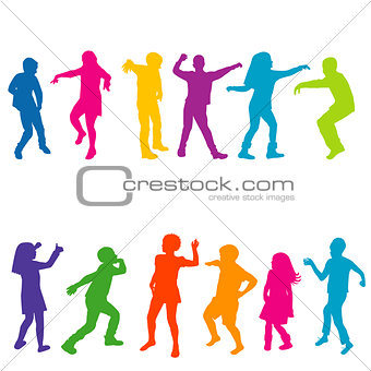 Colorful silhouettes of children dancing