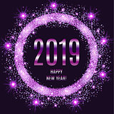 2019 Happy New Year glowing violet background.