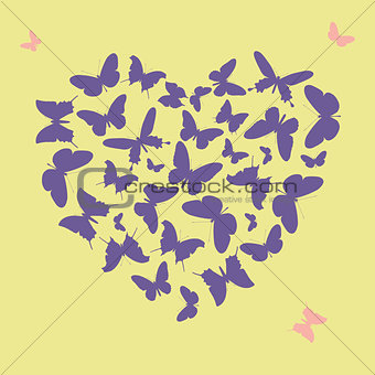 Ultra violet heart shape made from butterfly silhouettes.
