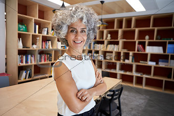 Senior businesswoman standing in boardroom smiling to camera