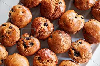 Display Of Freshly Baked Blueberry Muffins In Coffee Shop