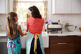 Mum and daughter washing hands at kitchen sink, back view