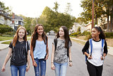 Four young teen girls walking in the road, close up