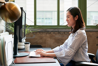 Chinese woman working at a computer in an office, side view