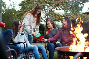 Teenager pours drinks for girlfriends sitting round firepit