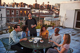 Six adult friends enjoying a party on a New York rooftop