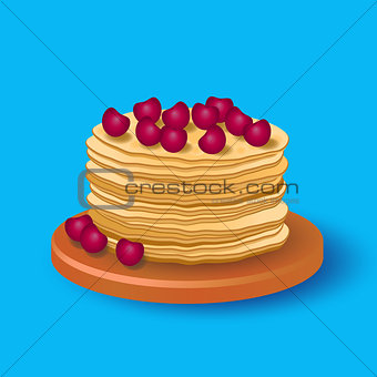 A stack of delicious delicious pancakes with cherries.
