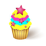 Delicious cake with candy on white background.