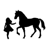 Silhouette girl wants touch horse