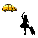 Silhouette girl with suitcase catches taxi