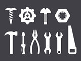 Manual tools and instruments set, white isolated icons on dark bacground
