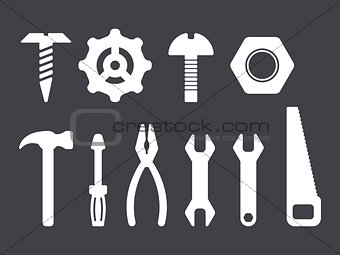 Manual tools and instruments set, white isolated icons on dark bacground