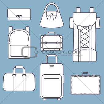 Different types of bags, white flat vector illustration with outline, collection on blue background