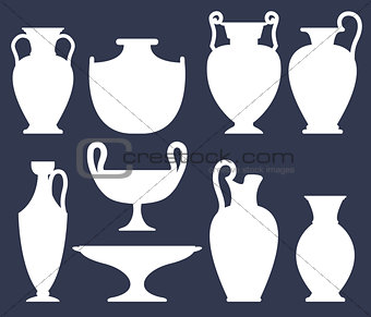 White silhouettes of ancient vases on dark background, set of different types of ceramic vases, vector