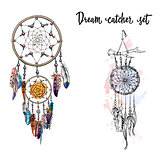 Set of hand drawn dream catchers. Feathers, beads and flowers. Vector illustration.