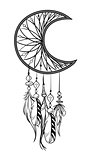 Vector illustration with hand drawn dream catcher. Feathers and beads.