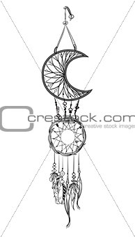 Vector illustration with hand drawn dream catcher. Feathers and beads.