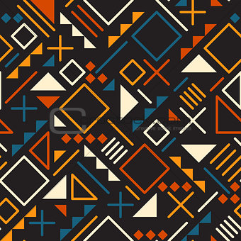 Vector Seamless Retro 80 s Jumble Geometric Line Shapes Teal Orange Color Pattern on Black Background