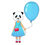 Little fashion panda girl dressed up in dress. Animal hipster bear in dress with balloon. Panda kid dressed in urban style