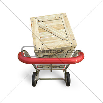 Hand truck with wooden box. Delivery concept. Top view. 3D