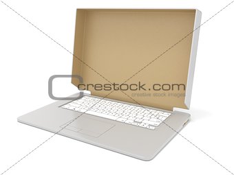 Blank cardboard box cover on laptop. Side view. 3D