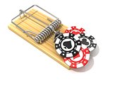 Set of gambling casino chips, like bait, in wooden mousetrap. 3D