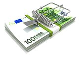 3D render mousetrap installed on euro banknote stack