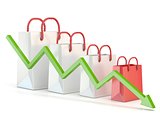 Shopping bag decreasing chart. Sales reduction chart. 3D