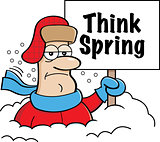 Cartoon Man Buried in Snow Holding a Think Spring Sign